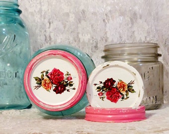 2 coral rose pink red yellow shabby cottage chic upcycled repurposed vintage kerr fruit jar lids bands she shed home decor reclaimed metal