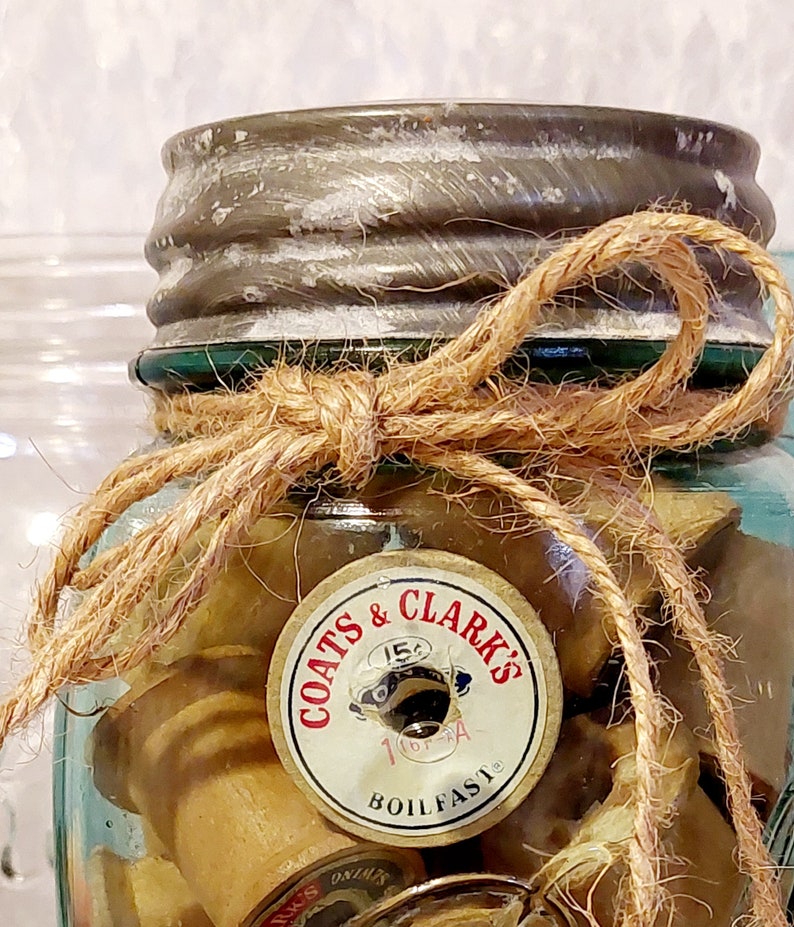 blue ball mason jar filled with wood spools old farmhouse canning cottagecore home decor rustic sewing room gift for quilt maker seamstress image 6