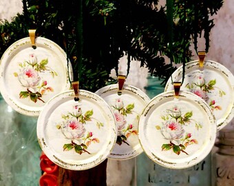 5 ornaments reclaimed vintage unused war era bernardin 63 canning lids shabby chic cottage white rose upcycled repurposed Christmas tree tag