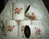 wedding tin cans, table centerpiece wedding tin cans, upcycled wedding tin cans, cottage shabby chic repurposed vase, pink rose table decor