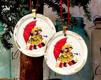 2 ornaments reclaimed vintage unused canning kids rain lids umbrella shabby chic cottage white red upcycled repurposed Christmas tree tag