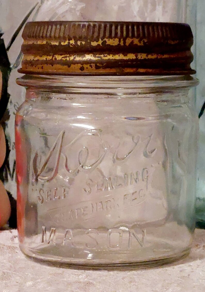 kerr glass insert lid metal band round half pint antique canning fruit mason jar cottagecore display collectible rustic kitch decor she shed image 3