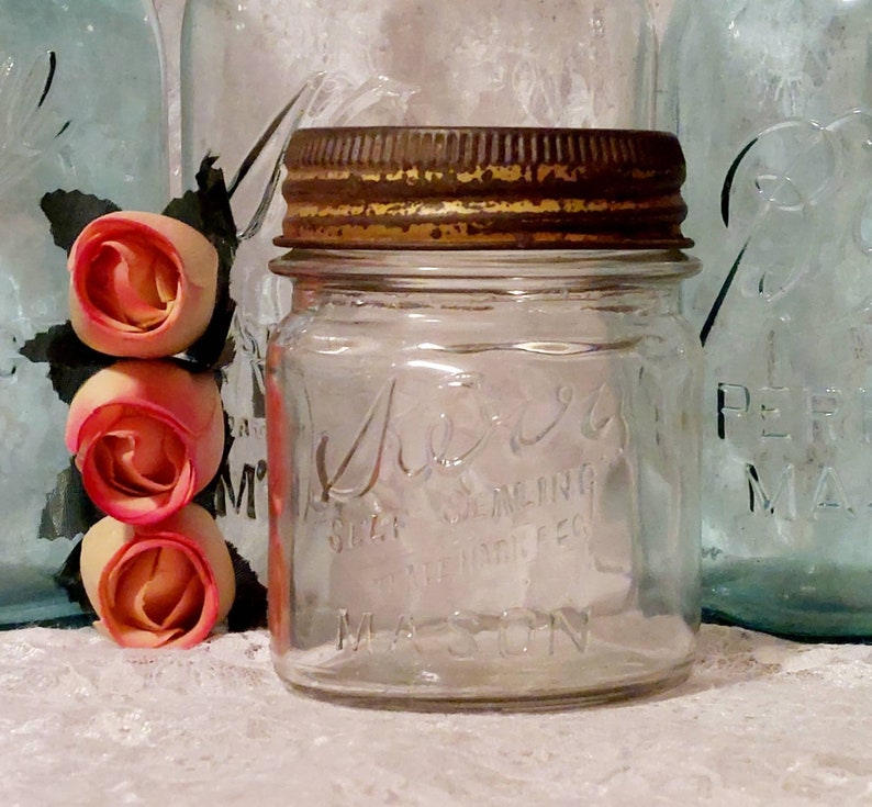 kerr glass insert lid metal band round half pint antique canning fruit mason jar cottagecore display collectible rustic kitch decor she shed image 6