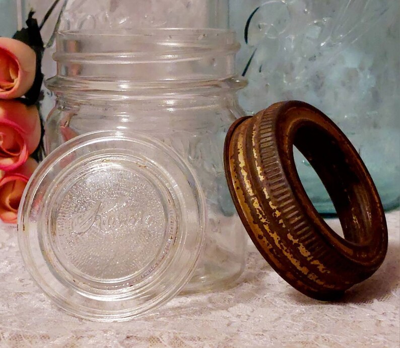 kerr glass insert lid metal band round half pint antique canning fruit mason jar cottagecore display collectible rustic kitch decor she shed image 5