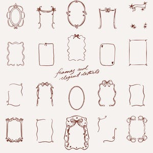 Puede incluir: Una colección de marcos marrones dibujados a mano en varias formas y estilos, incluyendo rectángulos, óvalos y diseños ornamentados. La frase "frames and elegant details" está escrita en cursiva. Archivos vectoriales, SVG y PNG en la parte inferior.