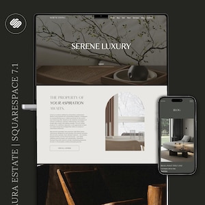 Puede incluir: Diseño web para Serene Luxury mostrado en una tableta y un smartphone. El sitio web presenta una estética minimalista con tonos neutros, mostrando diseño de interiores y decoración del hogar. El texto dice "Serene Luxury" y "The Property of Your Aspiration Awaits."