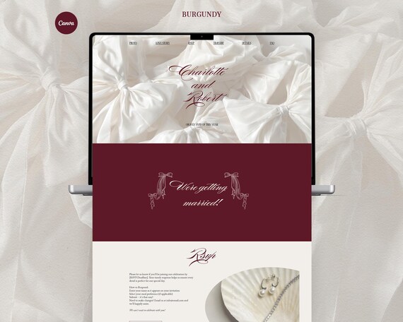 Canva wedding website template. Burgundy digital invites. Digital RSVP, Save the Date. Hand drawn Whimsy aesthetic Customizable wedding site