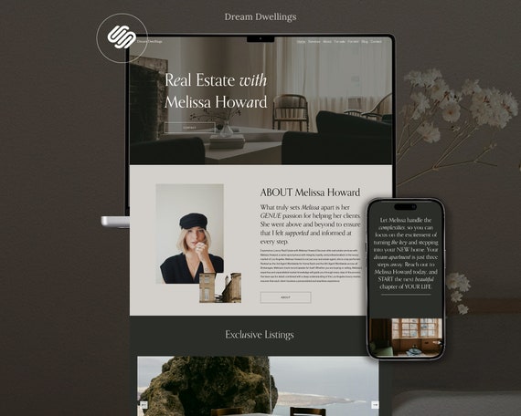 Real estate Squarespace website template. Realtor website design. Agency, Interior design website theme. Business, Home Staging website