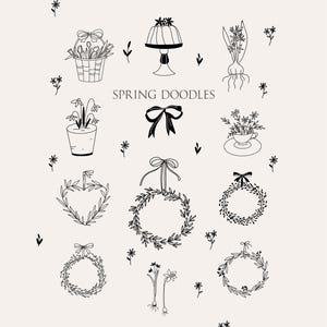 May include: Black and white line art illustration featuring spring-themed doodles. The image includes a basket of flowers, a cake stand, potted plants, wreaths, bows, and the text "SPRING DOODLES" and "SUMMER NIGHTINGALE".