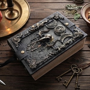 Op de afbeelding: Een rechthoekig, zwart in leer gebonden boek met een versierde metalen schedel, een maansikkel en een levensboom-embleem op de kaft. Het boek is voorzien van ingewikkelde zilverkleurige filigraan hoekstukken en een zwarte riemsluiting.