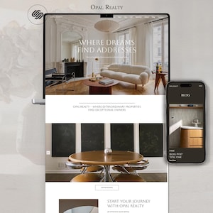 May include: A website design for Opal Realty, displayed on a laptop and smartphone. The website features interior design images and the text "WHERE DREAMS FIND ADDRESSES." The smartphone shows a blog post. The logo is a stylized "S."
