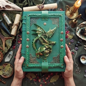 May include: A rectangular green journal featuring a textured cover with a three-dimensional dragon sculpture perched atop a rose. The book is secured with two vertical green straps and decorated with metallic corner accents and studs along the border.