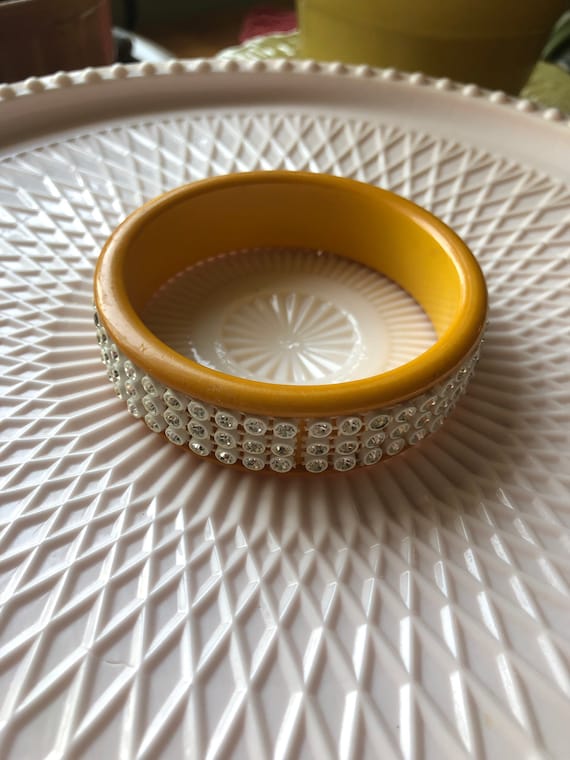 Yellow Bakelite Rhinestone Bangle - image 1