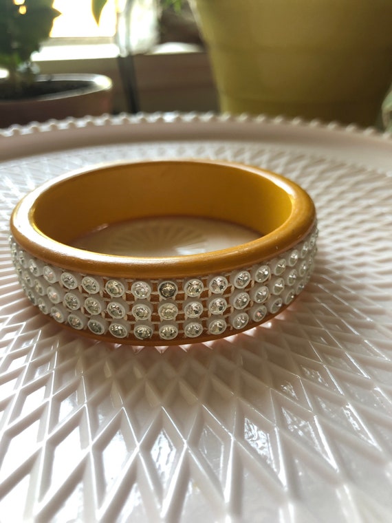 Yellow Bakelite Rhinestone Bangle - image 6