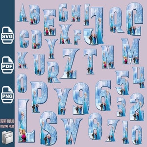 Bevroren letters cijfers SVG bundel, bevroren alfabet gesneden bestanden voor Cricut, bevroren PNG, clipart, bevroren gelaagde SVG