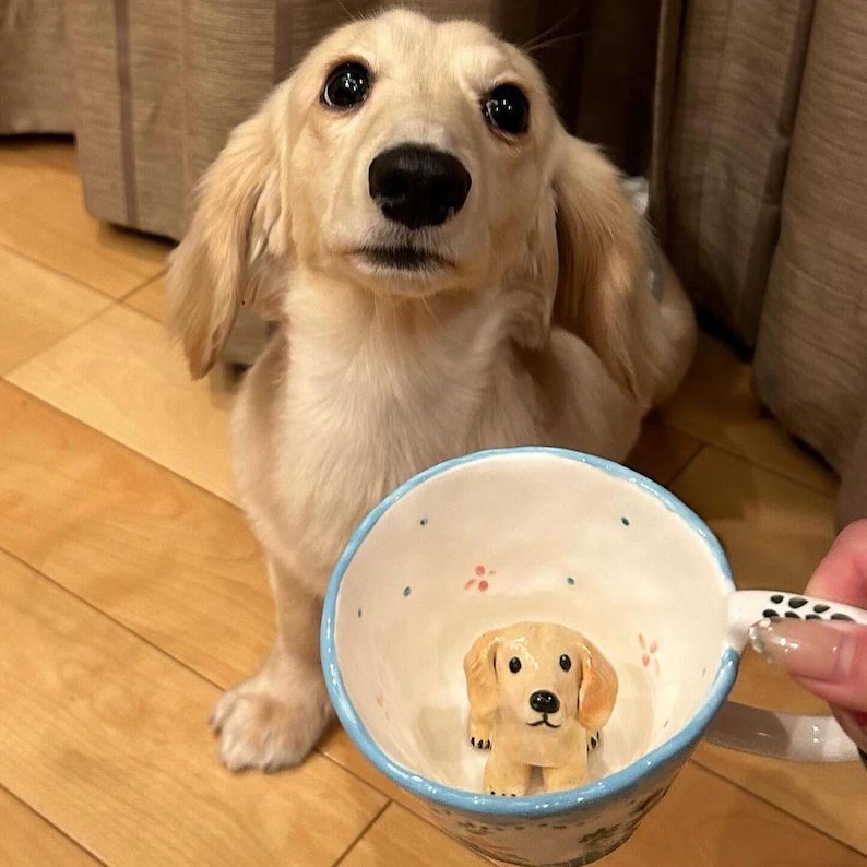 May include: A white dachshund dog looks up at a blue and white ceramic teacup with a small, cream-colored dachshund figurine inside.