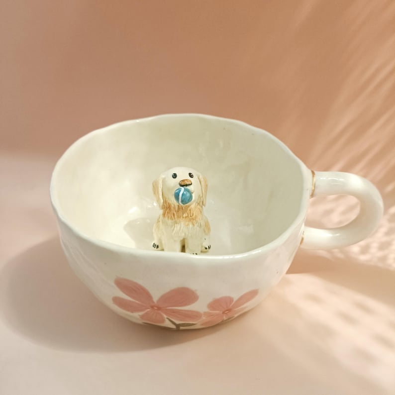 Handmade Custom Pet Figure Ceramic Mug: Dog Mug For Mother, Pastel Floral Cottagecore Art image 17