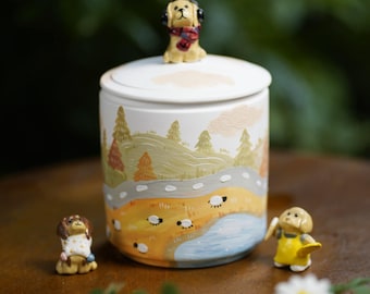Custom Pet Urn with Handmade Ceramic Dog Figurine, Scenery Theme