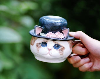 Custom Pet Portrait Mug: Handmade Ceramic Coffee Cup With Hat Mother's Day Gift