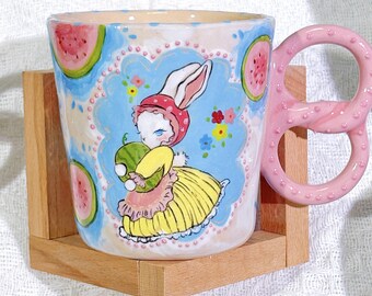 Handmade Ceramic Lakeside Mug: Summer Animal Design, Vintage Style