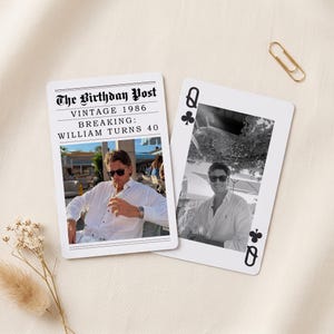 May include: Two custom playing cards featuring a person wearing sunglasses and a white shirt. One card is styled as a newspaper titled The Birthday Post Vintage 1986 Breaking: William Turns 40. The other card is a Queen of Clubs with a photo.