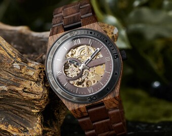 Reloj de pulsera mecánico de madera para hombre, relojes de alta gama, caja de madera