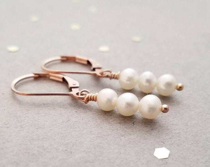 14k Rose Gold Filled Earrings with 3 Pearls
