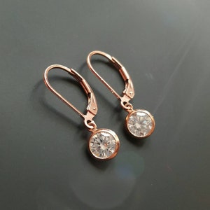 Tiny rose gold filled earrings- round CZ crystal, clear, leverback or french wire