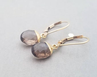 14k Gold Filled earrings with gold plated smoky quartz dangle, leverback or french wire