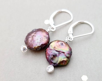 Sterling silver earrings with pearl and cz drop, leverback or french wire