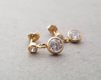 Double CZ Post Dangle Earring in 14k Gold Filled