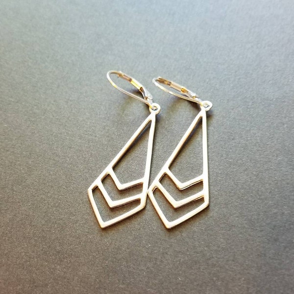 Sterling silver earrings - long geometric teardrops - tribal chevron - leverback or french wire