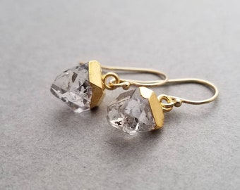 14k gold filled earrings with gold plated herkimer diamond nugget dangle, leverback or french wire