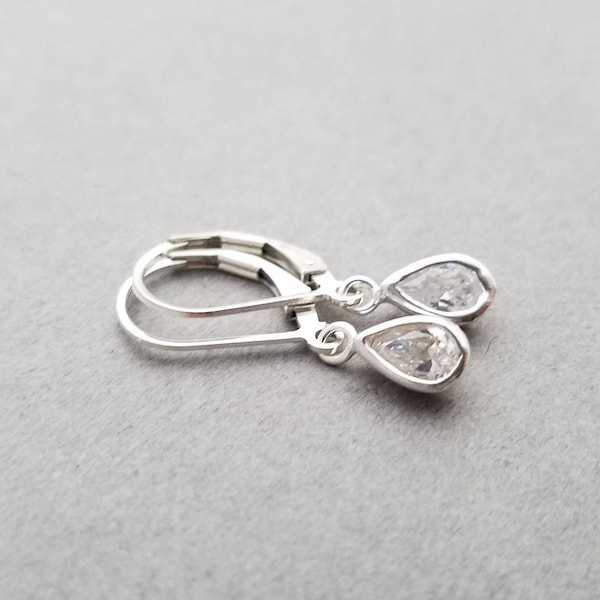 Tiny sterling silver earrings- teardrop CZ crystal, clear, leverback or french wire