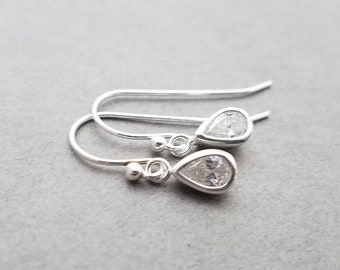 Tiny sterling silver earrings- teardrop crystal CZ, hook or leverback