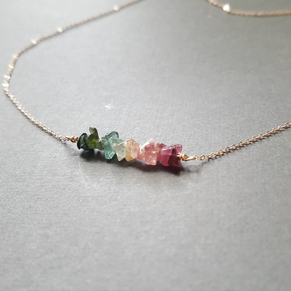 Tiny rose gold filled necklace with watermelon Tourmaline chips, bar necklace, pink and green, ombre, minimalist necklace