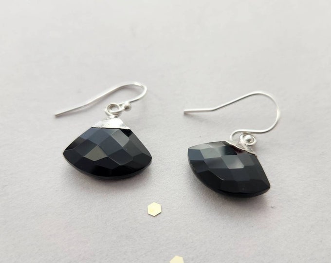 Sterling Silver earrings with black onyx faceted fan - leverback or french wire