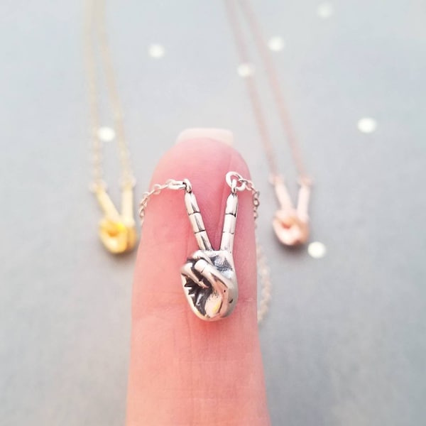 Peace sign hand necklace in sterling silver, rose gold filled, yellow gold filled