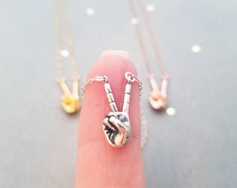 Peace sign hand necklace in sterling silver, rose gold filled, yellow gold filled
