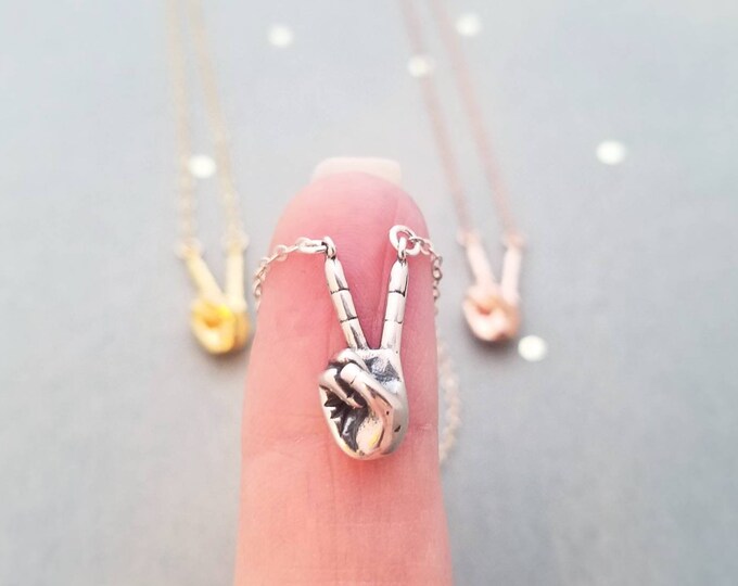 Peace sign hand necklace in sterling silver, rose gold filled, yellow gold filled