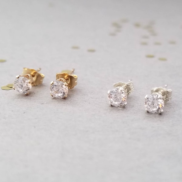 Tiny sterling silver or 14k gold filled and cz stud earrings - post earrings - solitaire