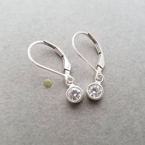 May include: A pair of silver dangle earrings with small round clear stones.