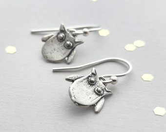 Sterling silver earrings with small owl on leverback or french wire