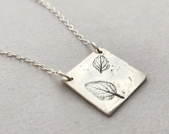 Rustic Leaf Sterling Silver Necklace - Square Pendant - 2 Leaves
