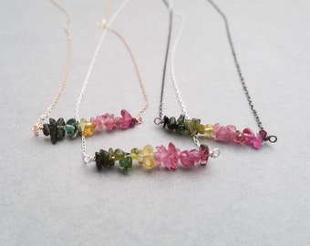 Tiny sterling silver necklace with watermelon Tourmaline chips , bar necklace , pink and green , ombre , minimalist necklace