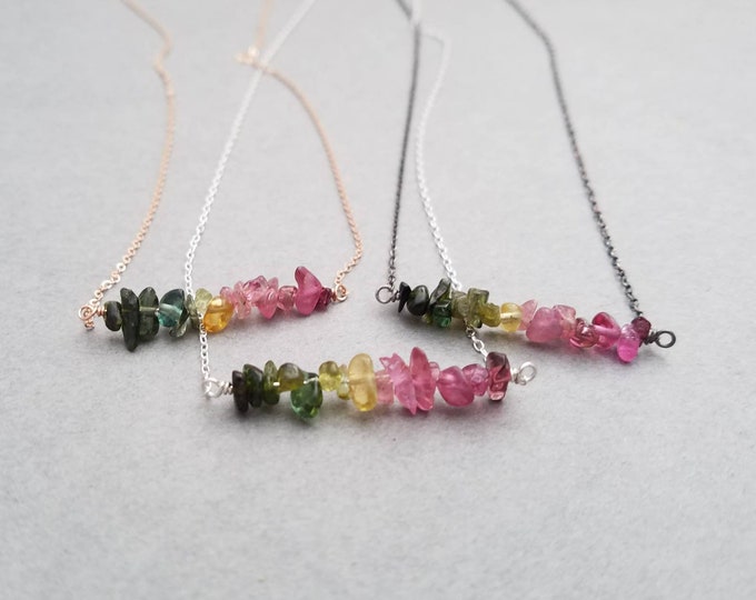 Watermelon Tourmaline Sterling Silver Bar Necklace: Ombre Chip Necklace