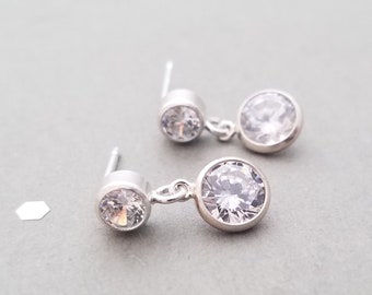 Tiny Sterling Silver post earrings- round CZ crystals 4mm post with 6mm dangle