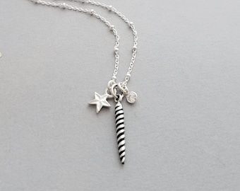 Sterling Silver Necklace with unicorn horn, star, tiny cz charms