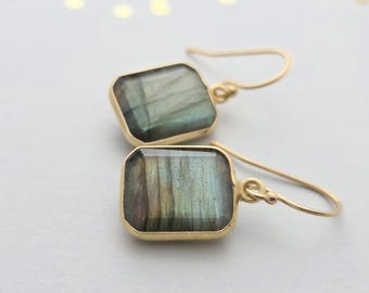 14k yellow gold filled earrings with gold plated labradorite rectangle drops