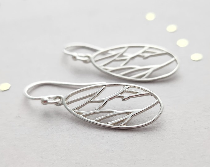 Sterling silver earrings - open ovals with branch design - leverback or french wire